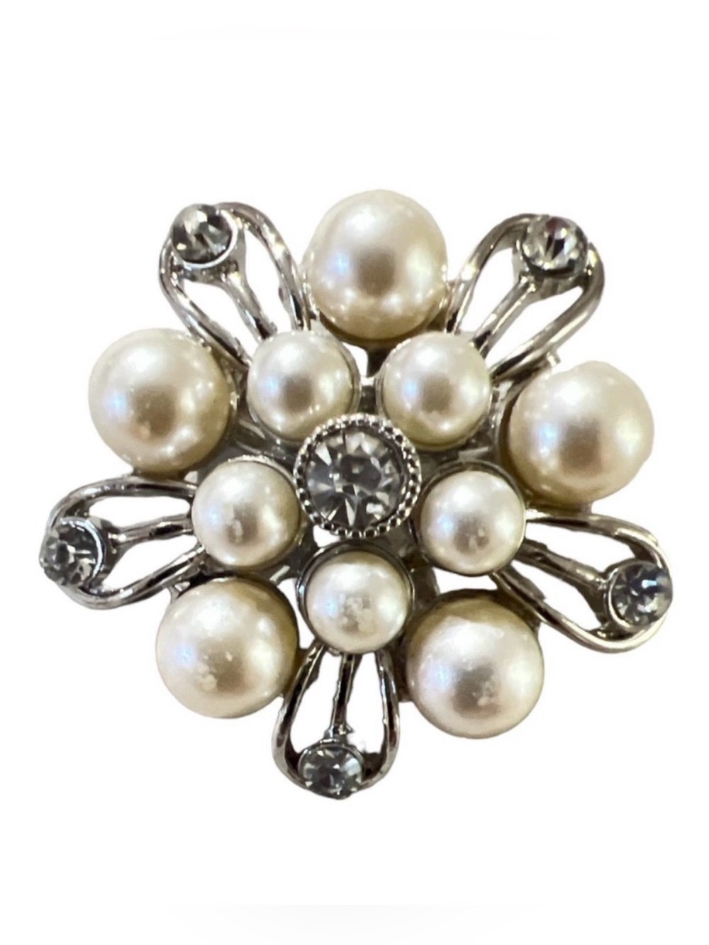 Mid Century 1950’s Large Rhinestone & Pearl Starburst Brooch, Retro Brooch